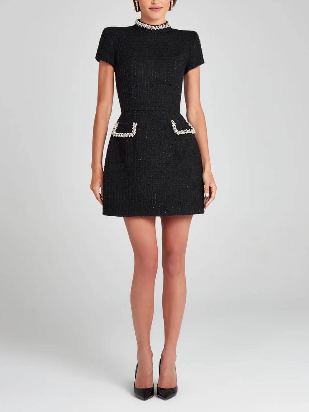 Exquisite and Playful Pearl-Trim Pocket Mini Dress
