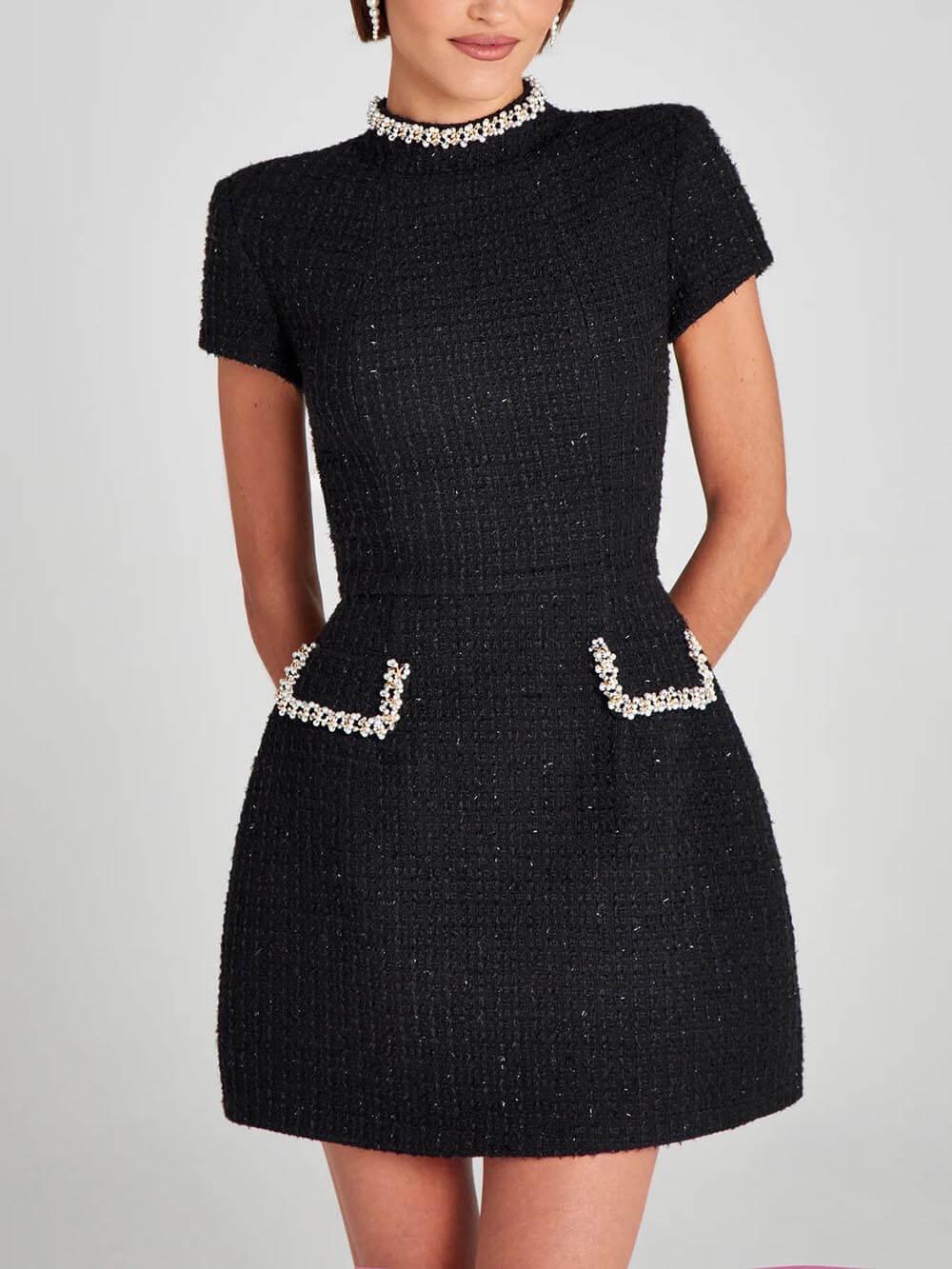 Exquisite and Playful Pearl-Trim Pocket Mini Dress