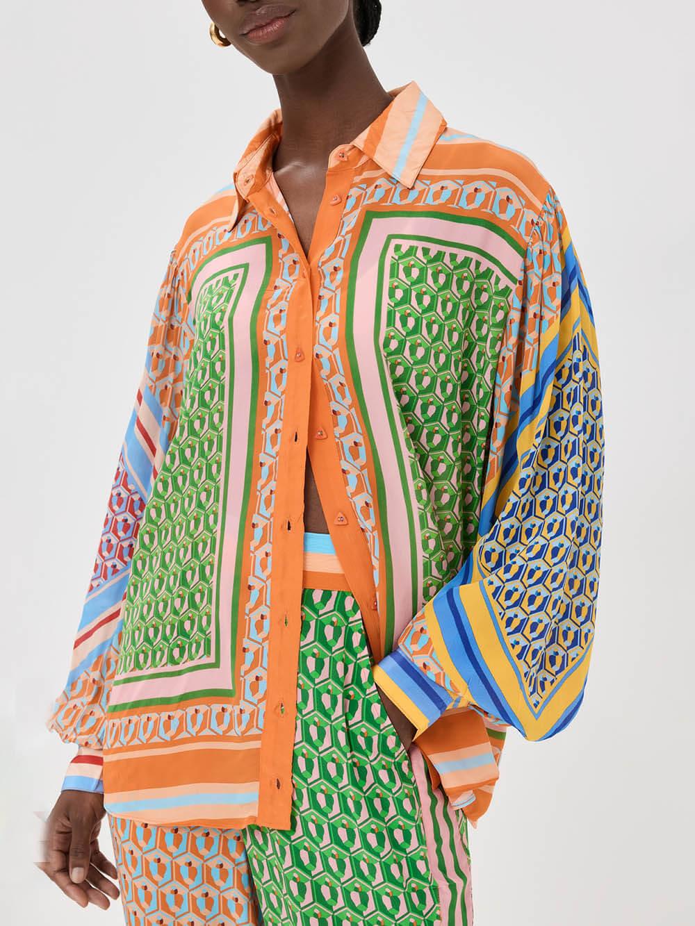 Colorful Unique Print Balloon-Sleeve Button Loose Shirt
