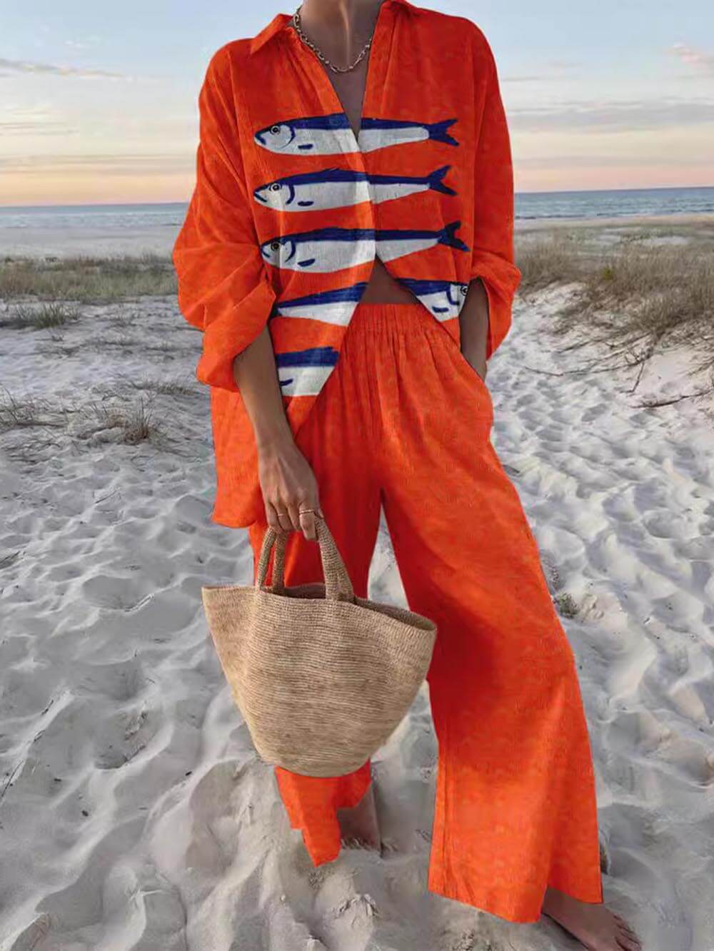 Casual Oversized Shirt Set with Unique Print and Wide-Leg Trousers