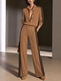 Women's Contrast Stripe Casual Stand Collar Wide-Leg Pants Set MDZ0103I7GMJ