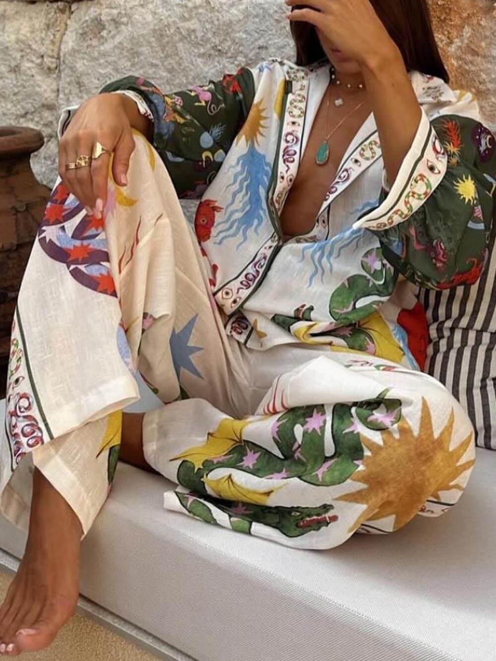 Set maglia a maniche lunghe con stampa unica e pantaloni con elastico in vita