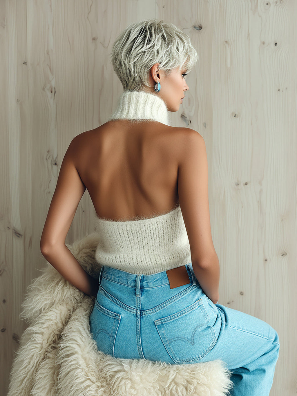 Chic Vintage White Halter Turtleneck Sleeveless Fuzzy Knit Vest Top