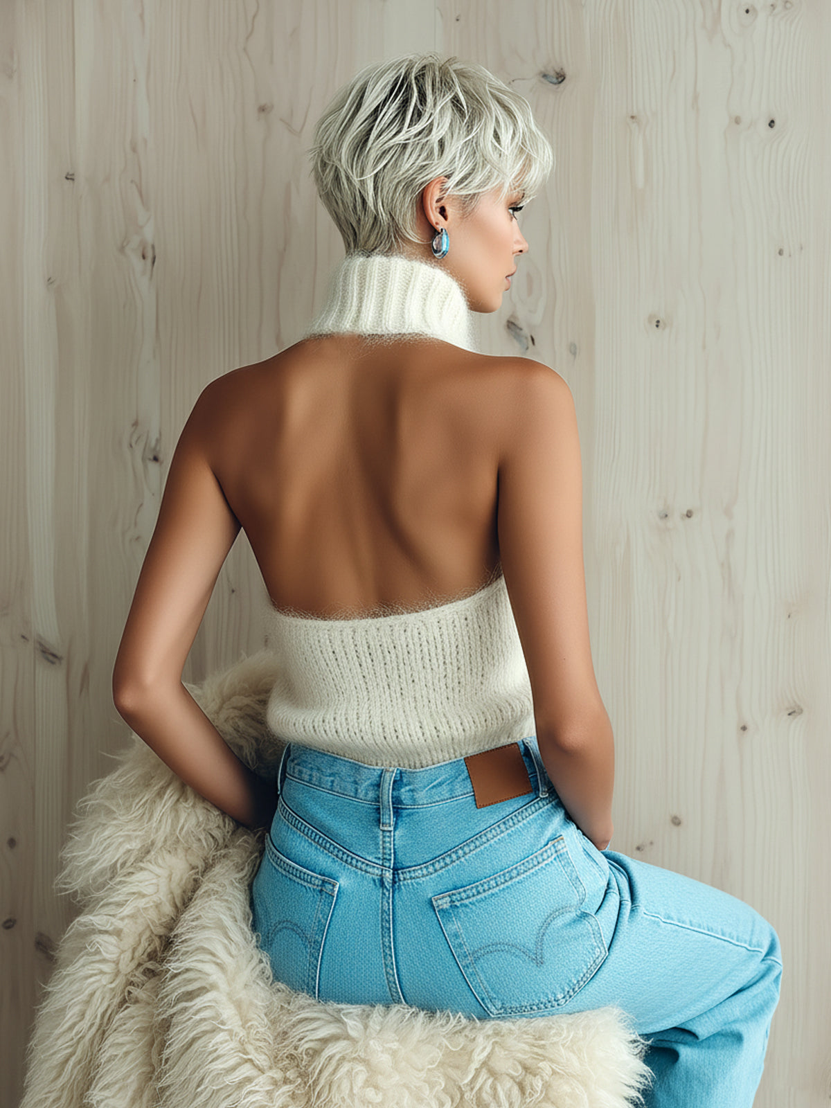 Chic Vintage White Halter Turtleneck Sleeveless Fuzzy Knit Vest Top