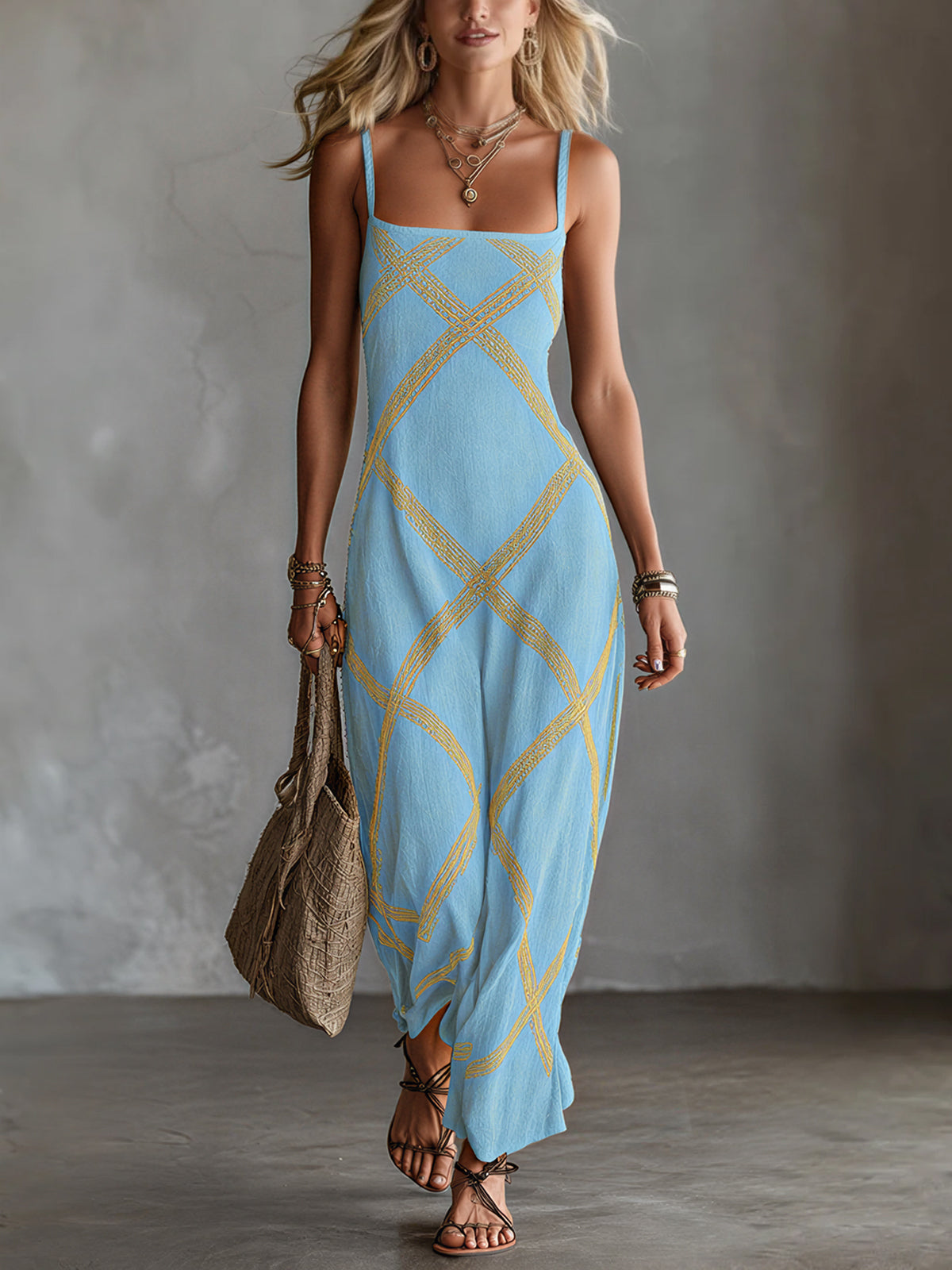Chic Elegant Black-Camel Geometrical Printed Spaghetti Straps Square-Neck Sleeveless A-Line Maxi Dress