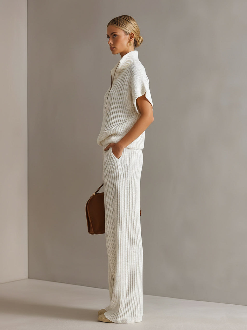 Chic Elegant Cream White Zipper-Up Stand Collar Oversize Short-Sleeve Sweater  Wide-Leg Pants Ribbed Knit Two-Piece Set