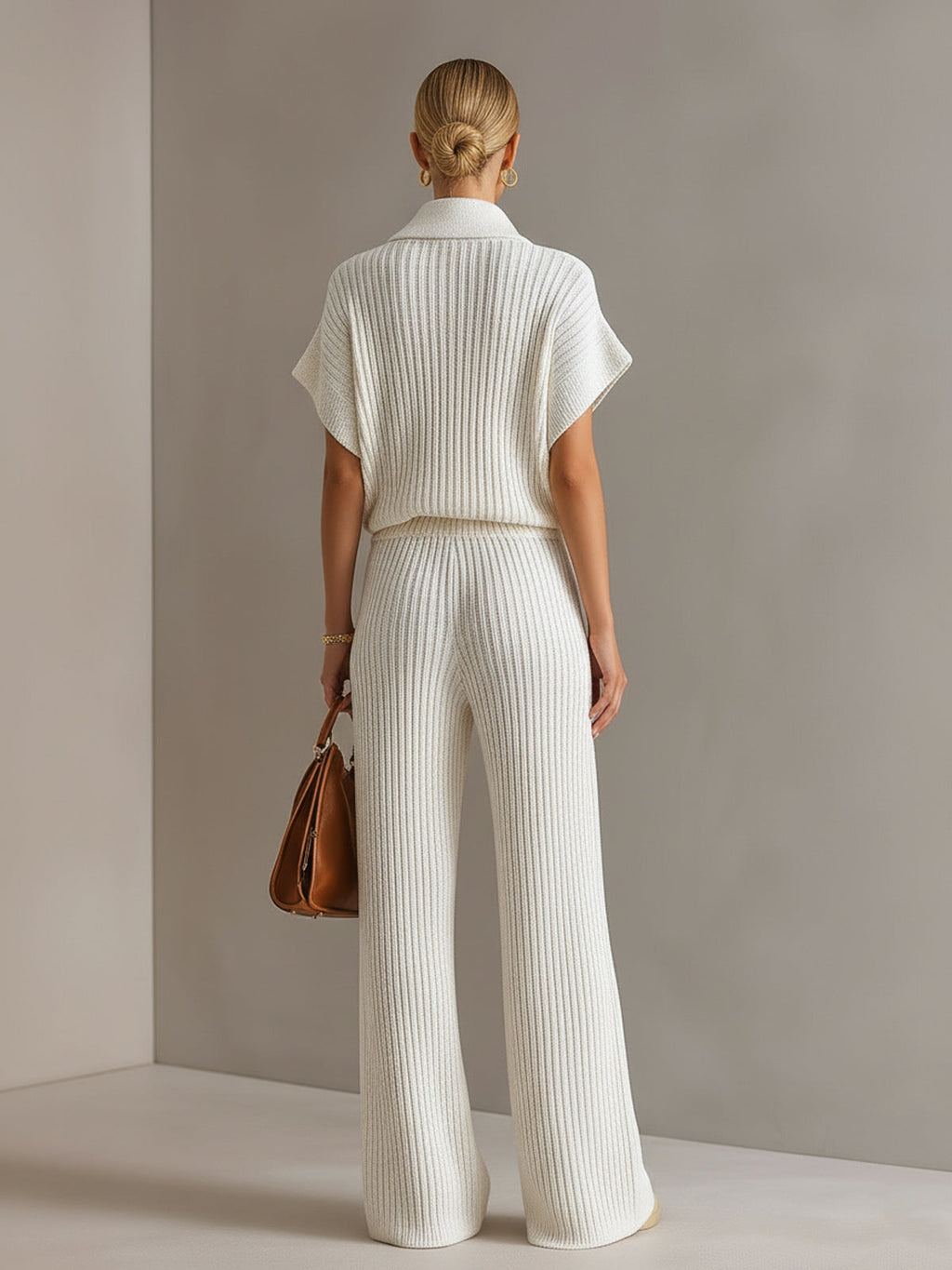 Chic Elegant Cream White Zipper-Up Stand Collar Oversize Short-Sleeve Sweater  Wide-Leg Pants Ribbed Knit Two-Piece Set