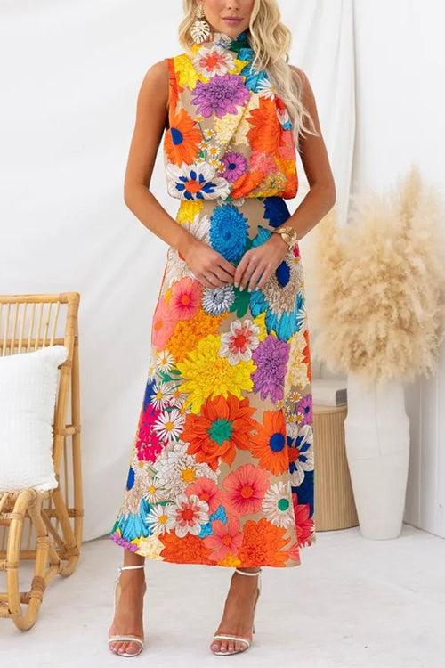 Knotted Neck Sleeveless Floral Maxi Dress with Defined Waist