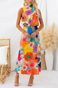 Knotted Neck Sleeveless Floral Maxi Dress with Defined Waist