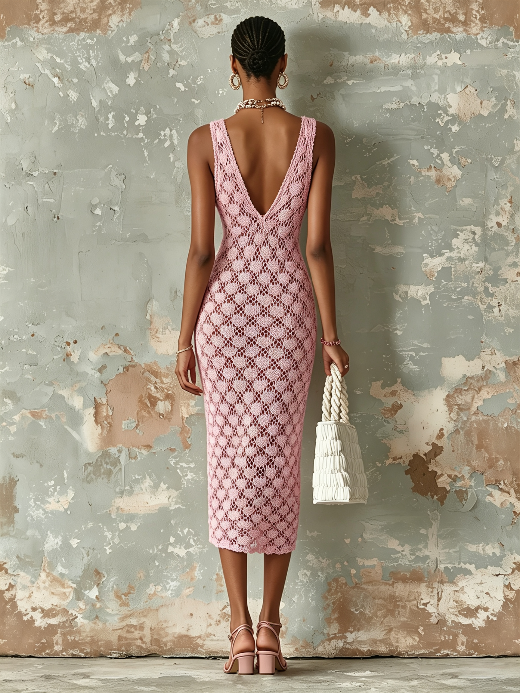 Chic Elegant Pink V-Neck Sleeveless Slim-Fit Hollow-Out Knit Midi Dress