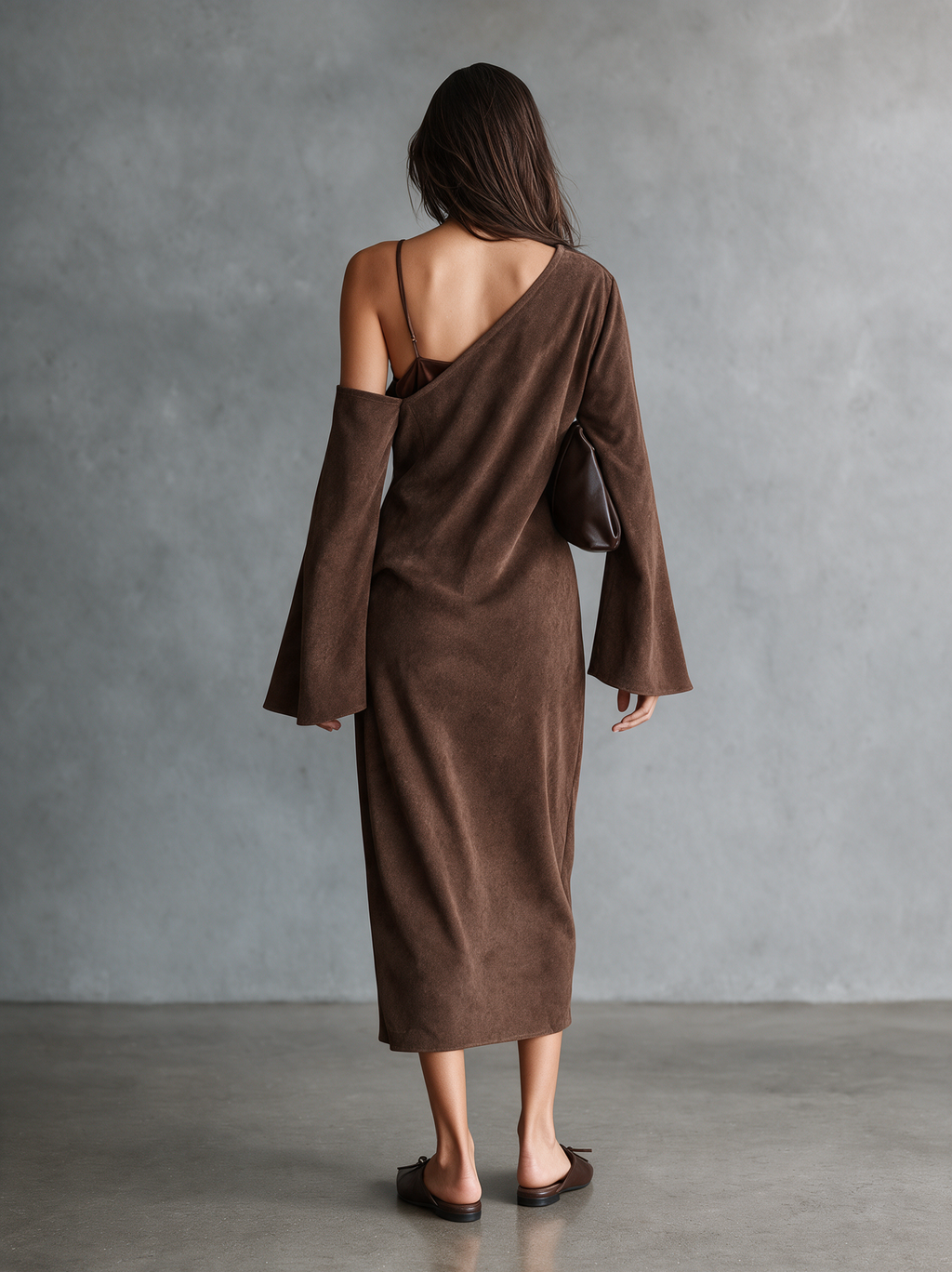 Women's Elegant Suede Dress Splicing Satin Camisole-Style Bodice And One-Shoulder Detail MDZ0300I4WY