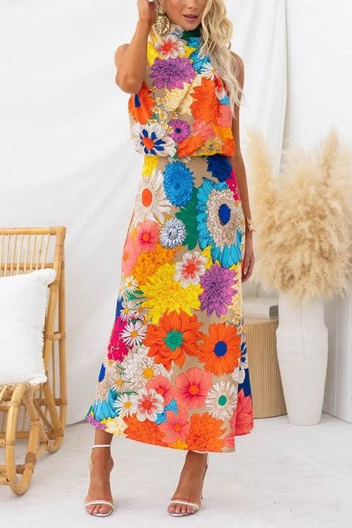 Knotted Neck Sleeveless Floral Maxi Dress with Defined Waist
