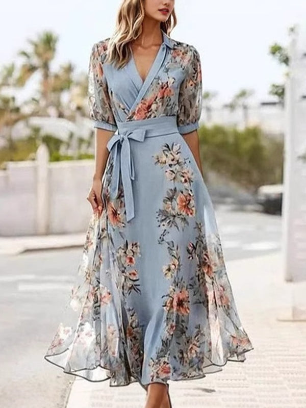 Floral Print V-Neck Short-Sleeve Bow Waist Midi Dress
