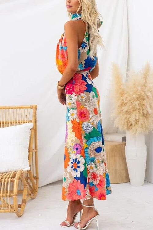 Knotted Neck Sleeveless Floral Maxi Dress with Defined Waist