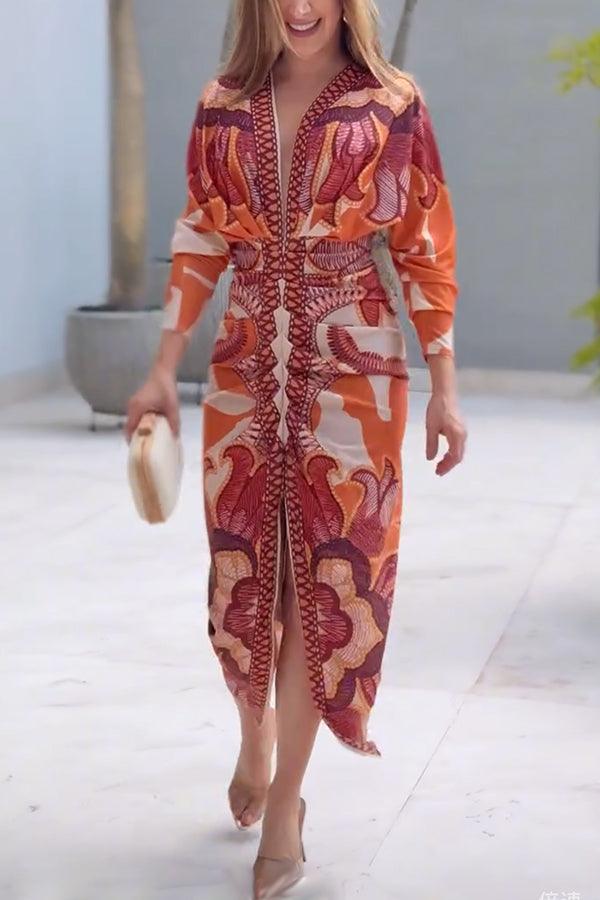 Midi Dress with Unique Print Long Dolman Sleeves and Slit