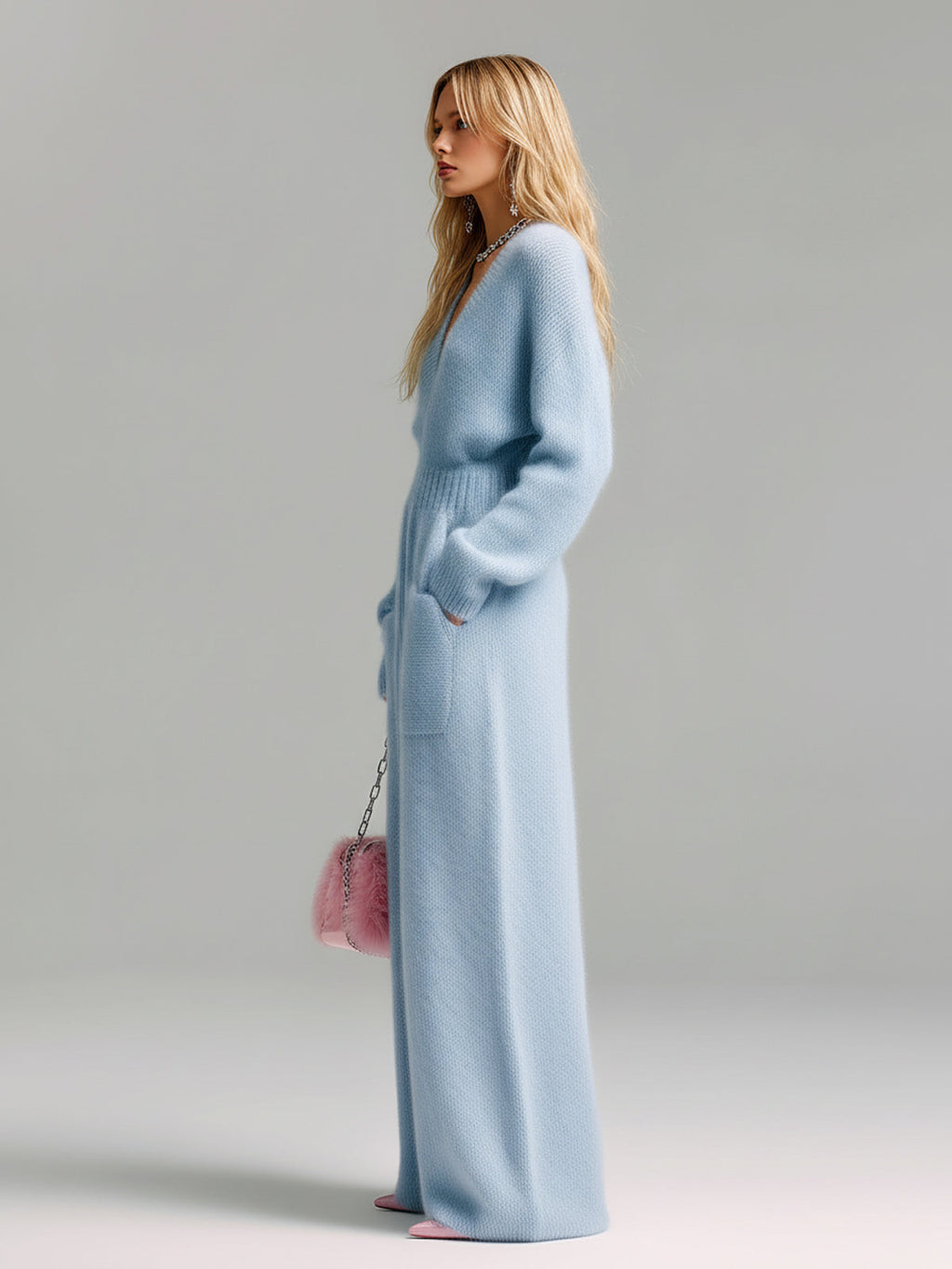 Chic Elegant Baby Blue Deep V-Neck Long Sleeve Patch Pocket Oversized Fuzzy Knit Wide-Leg Jumpsuit
