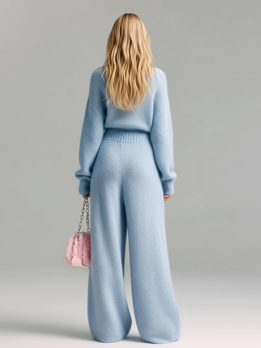 Chic Elegant Baby Blue Deep V-Neck Long Sleeve Patch Pocket Oversized Fuzzy Knit Wide-Leg Jumpsuit