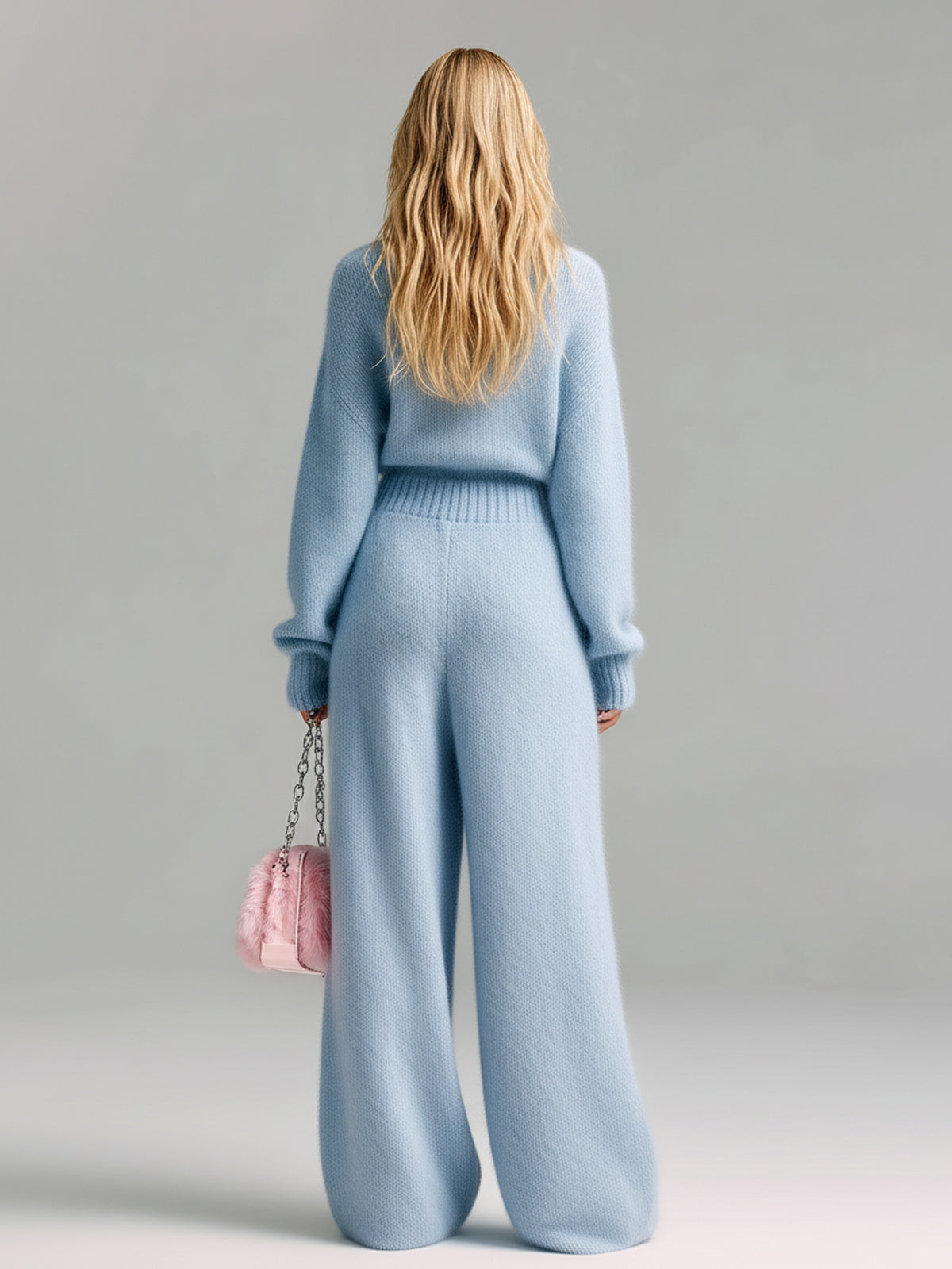 Chic Elegant Baby Blue Deep V-Neck Long Sleeve Patch Pocket Oversized Fuzzy Knit Wide-Leg Jumpsuit