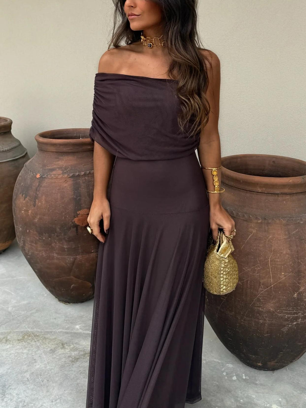 Brown One-Shoulder Mesh Maxi Dress