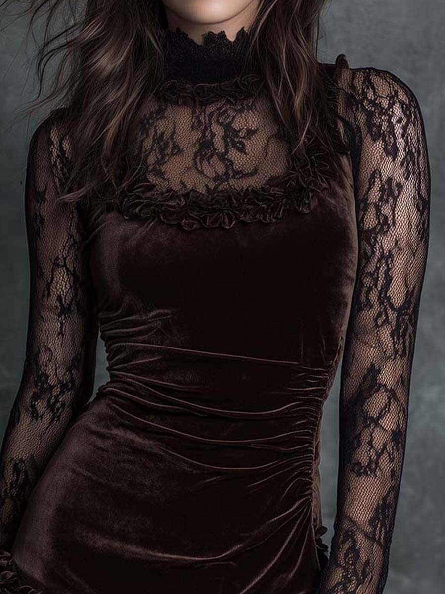 Chocolate Velvet Lace Gothic Pleated Mini Dress