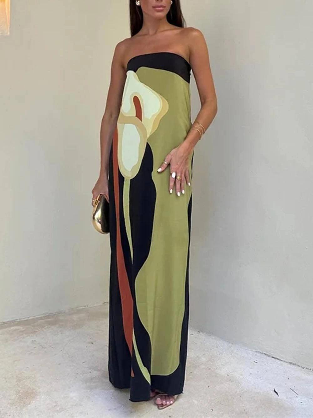 Strapless Color-Block Printed Maxi Party Dress