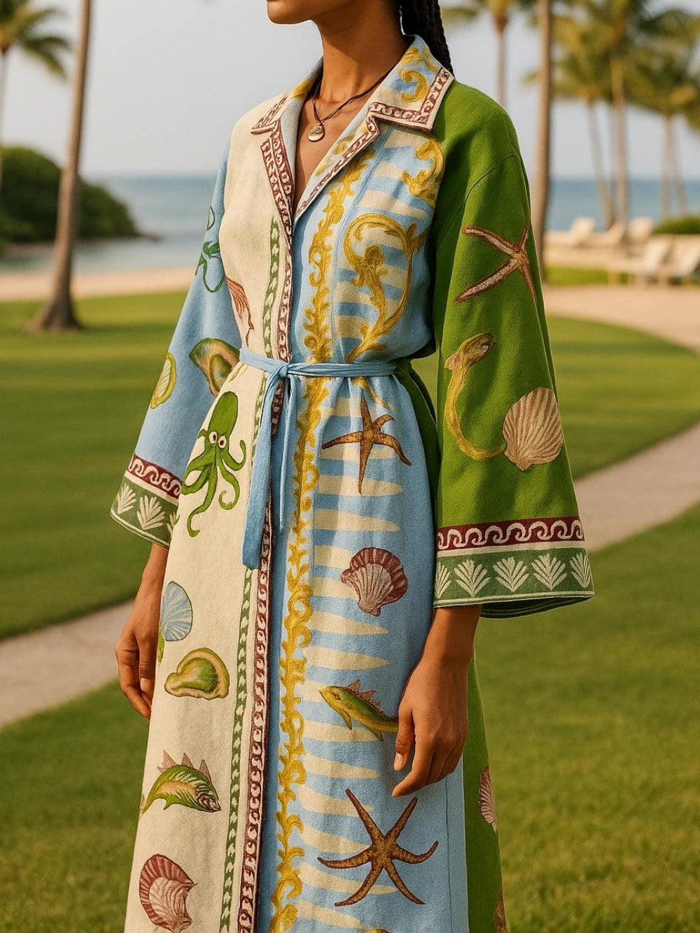 Printed Twill Belted Midi Shirt Dress