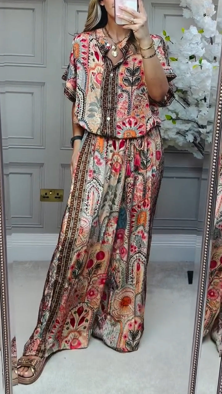 Loose Printed Casual Set with Round Neck