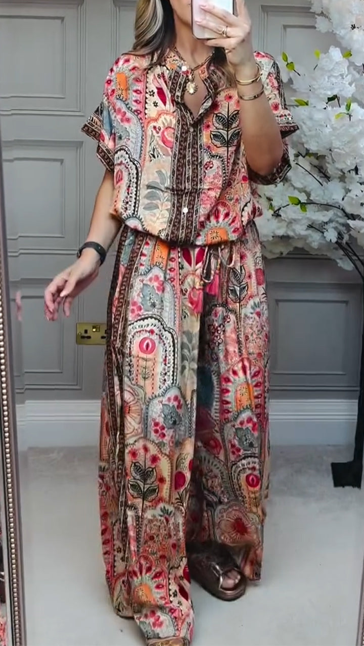 Loose Printed Casual Set with Round Neck