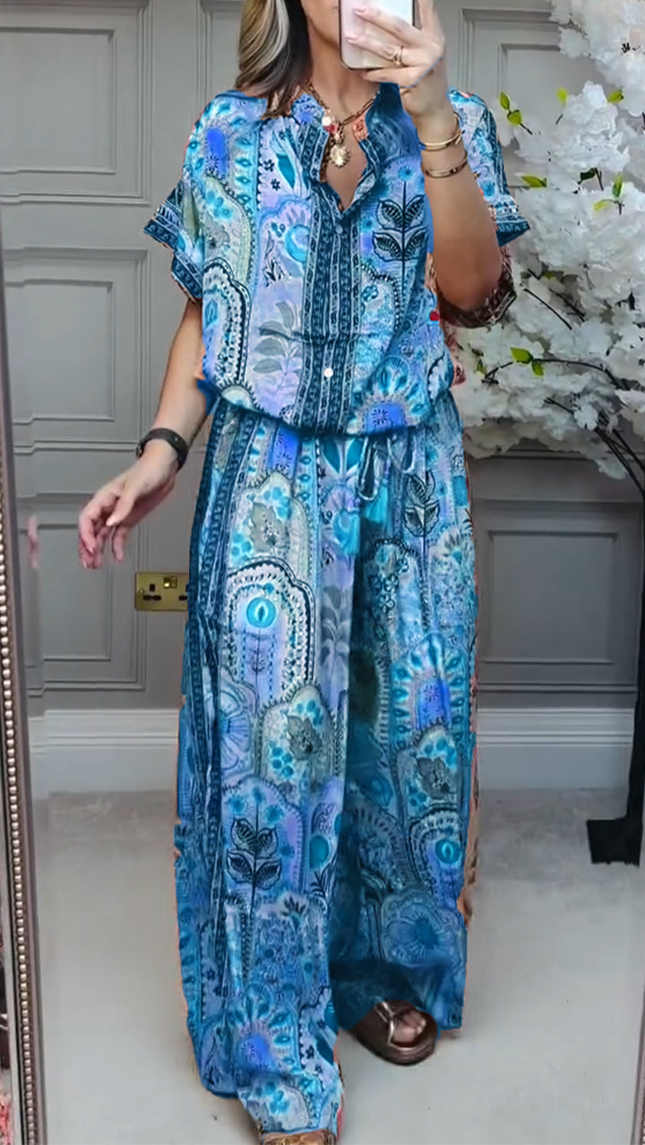 Loose Printed Casual Set with Round Neck