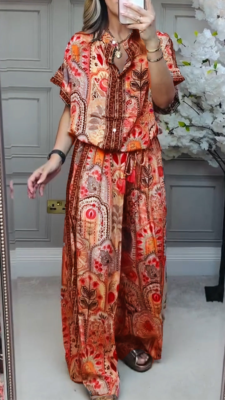 Loose Printed Casual Set with Round Neck