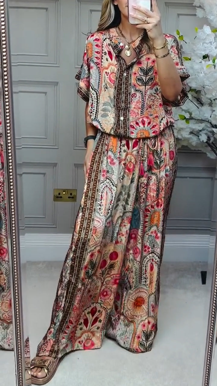 Loose Printed Casual Set with Round Neck