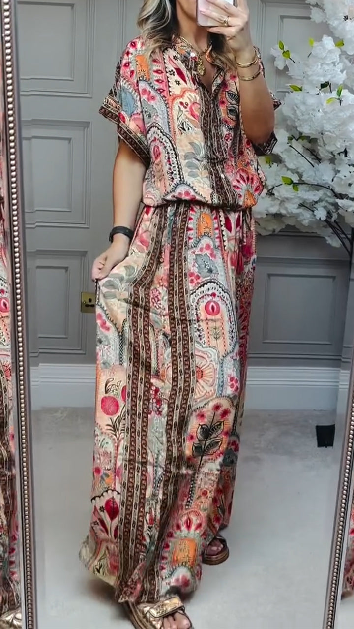 Loose Printed Casual Set with Round Neck