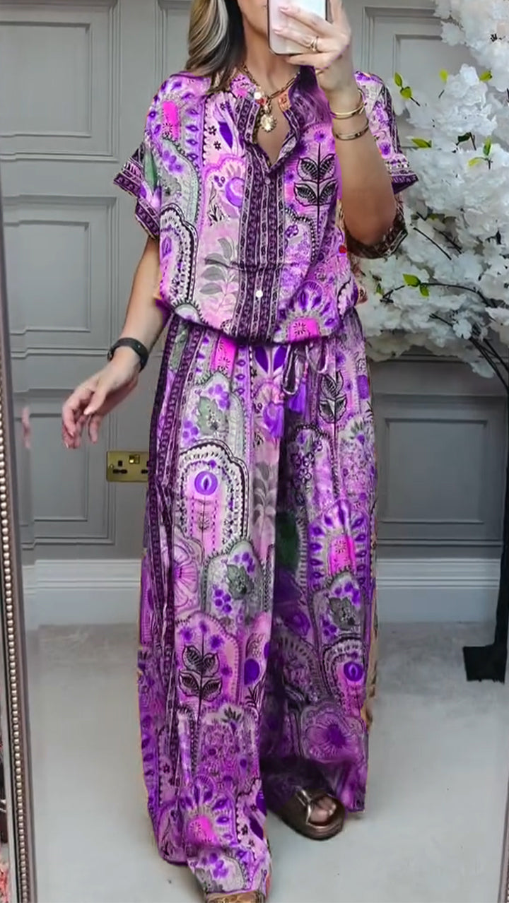 Loose Printed Casual Set with Round Neck