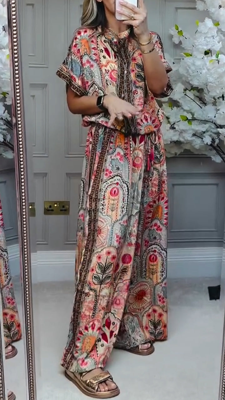Loose Printed Casual Set with Round Neck