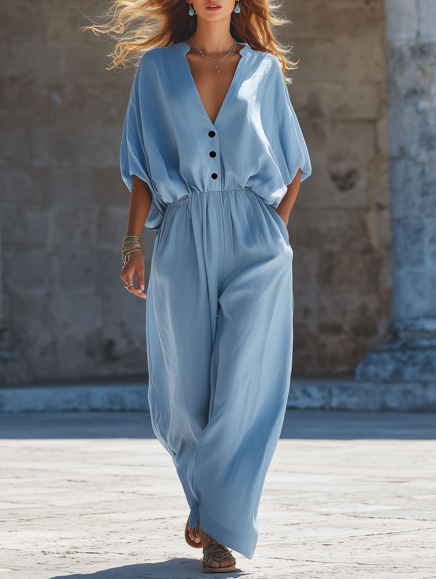 Elegant Blue V-Neck Flutter Sleeve Jumpsuit