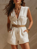 White Casual Holiday Cotton Linen V-Neck Lace Trim Sleeveless Jumpsuit