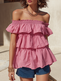 Pink Romantic Bohemian Cotton Off-the-Shoulder Blouse with Ruffles