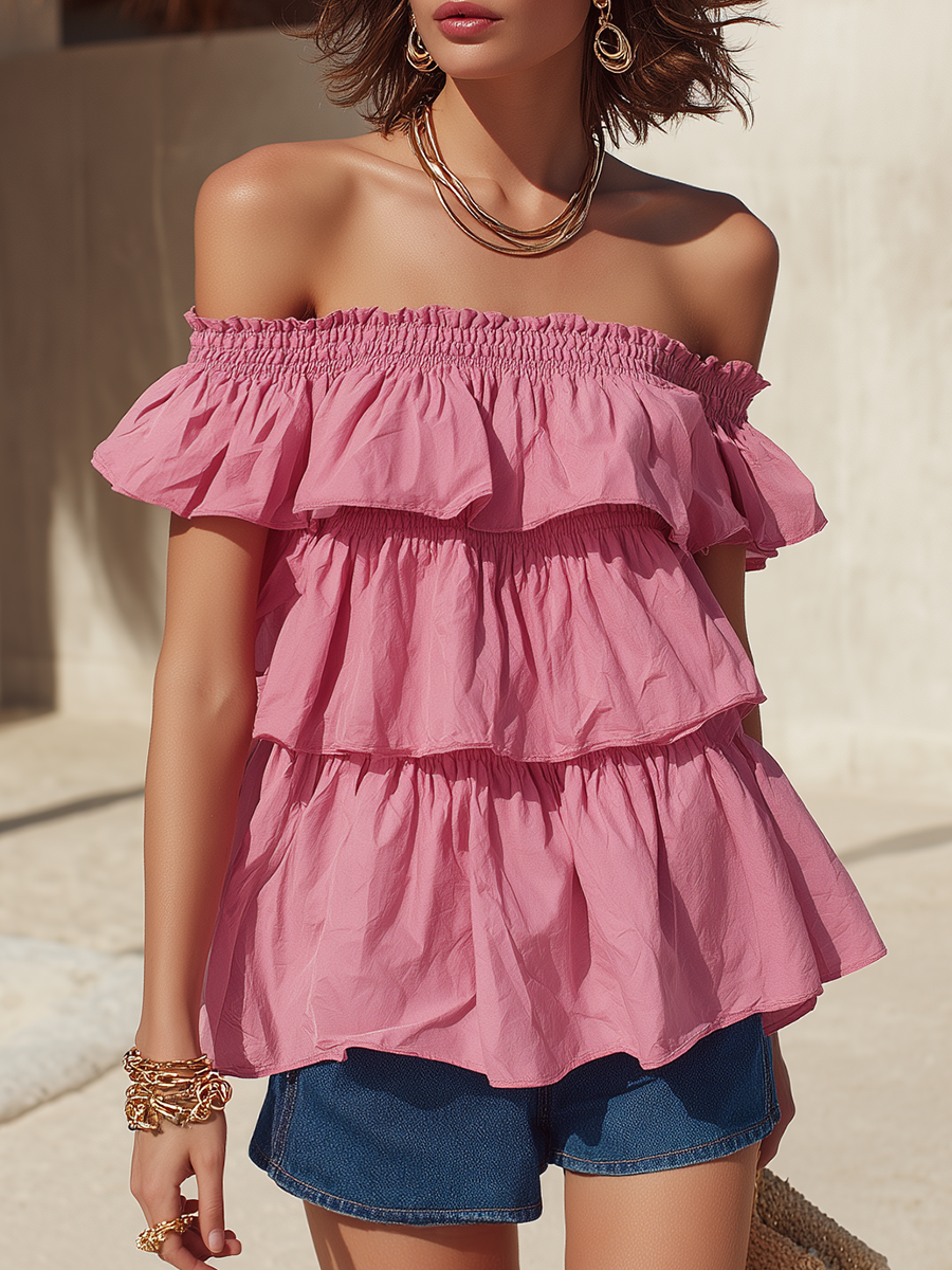 Pink Romantic Bohemian Cotton Off-the-Shoulder Blouse with Ruffles