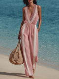 Pink Casual Chic Cotton Linen Lace V-Neck Wide Leg Jumpsuit