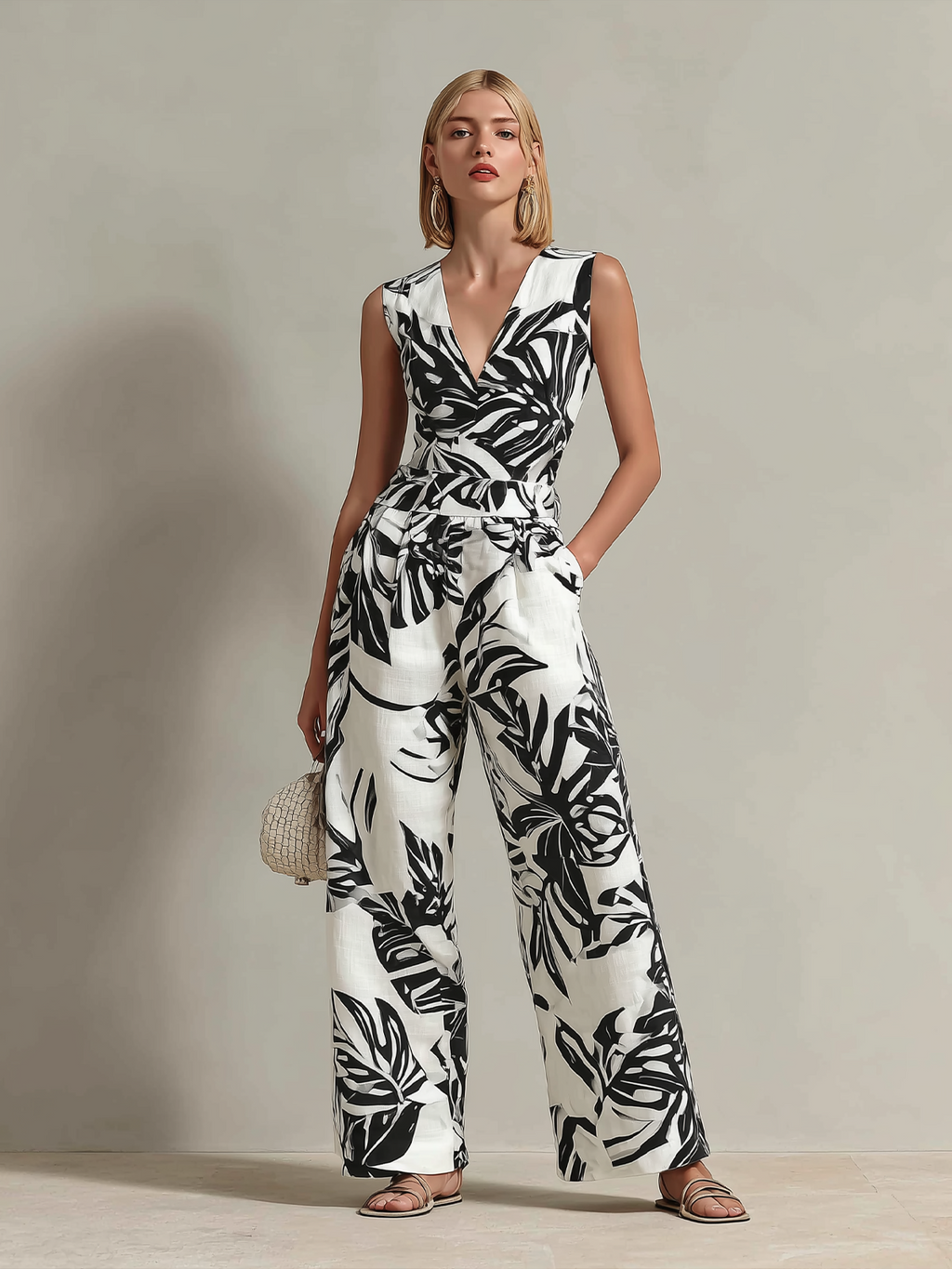 Chic Elegant White-Black Colorblock Leaf Print V-Neck Sleeveless Tailored-Waist Loose-Fit Cotton-Linen Blend Jumpsuit