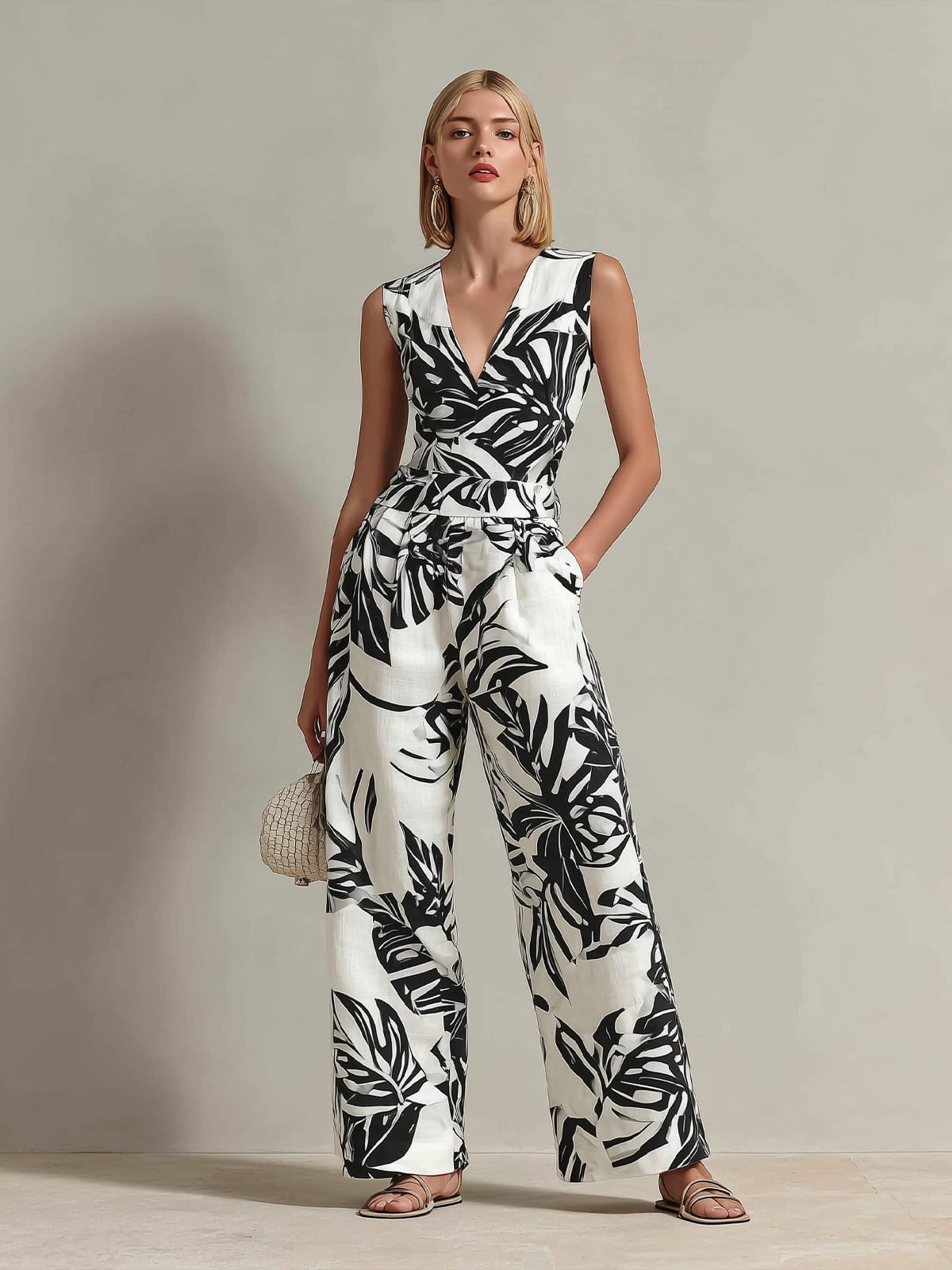 Chic Elegant White-Black Colorblock Leaf Print V-Neck Sleeveless Tailored-Waist Loose-Fit Cotton-Linen Blend Jumpsuit