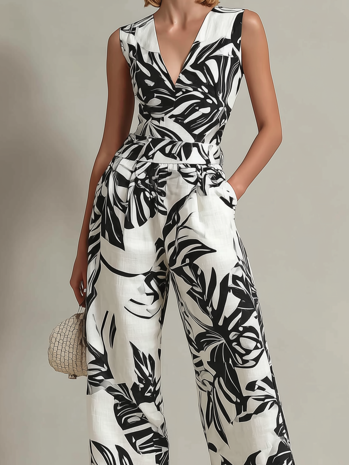 Chic Elegant White-Black Colorblock Leaf Print V-Neck Sleeveless Tailored-Waist Loose-Fit Cotton-Linen Blend Jumpsuit