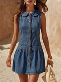 Retro Coastal Blue Denim Peter Pan Collar Button-Down Sleeveless Mini Dress