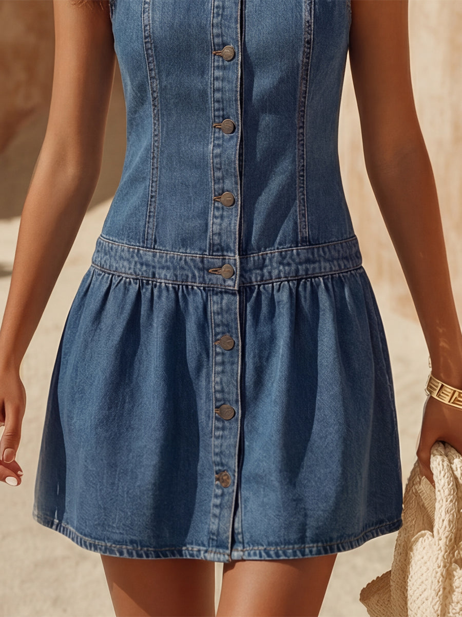 Retro Coastal Blue Denim Peter Pan Collar Button-Down Sleeveless Mini Dress