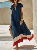 Minimalist Vacation-Style Red And White Hem Navy Blue Cotton-Linen Maxi Dress