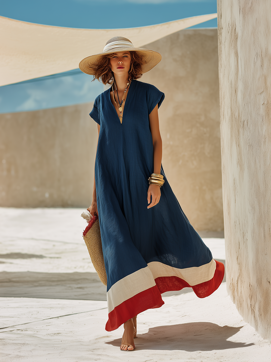 Minimalist Vacation-Style Red And White Hem Navy Blue Cotton-Linen Maxi Dress