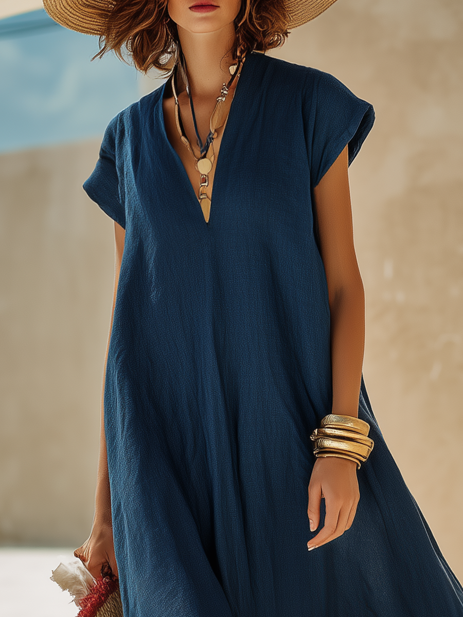 Minimalist Vacation-Style Red And White Hem Navy Blue Cotton-Linen Maxi Dress