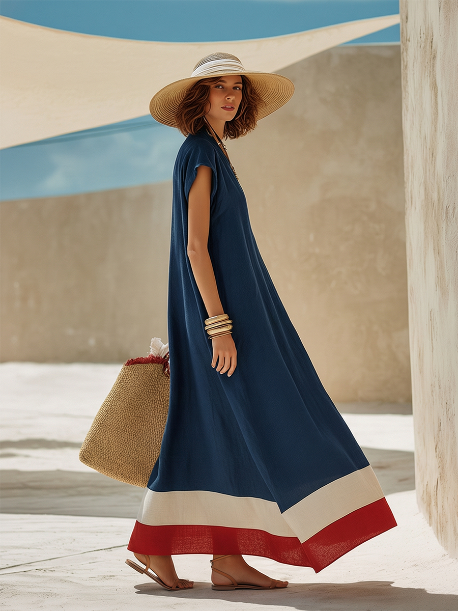 Minimalist Vacation-Style Red And White Hem Navy Blue Cotton-Linen Maxi Dress