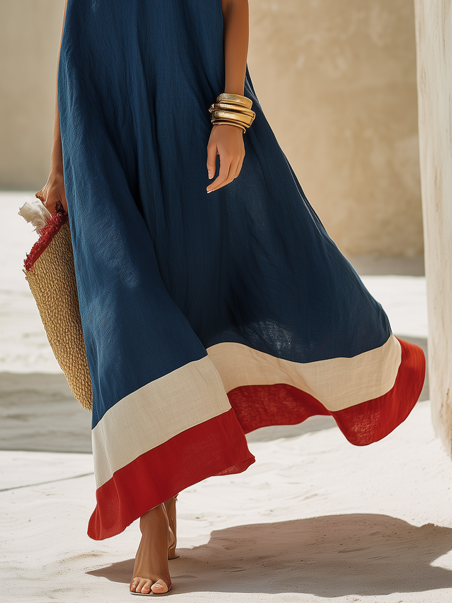 Minimalist Vacation-Style Red And White Hem Navy Blue Cotton-Linen Maxi Dress