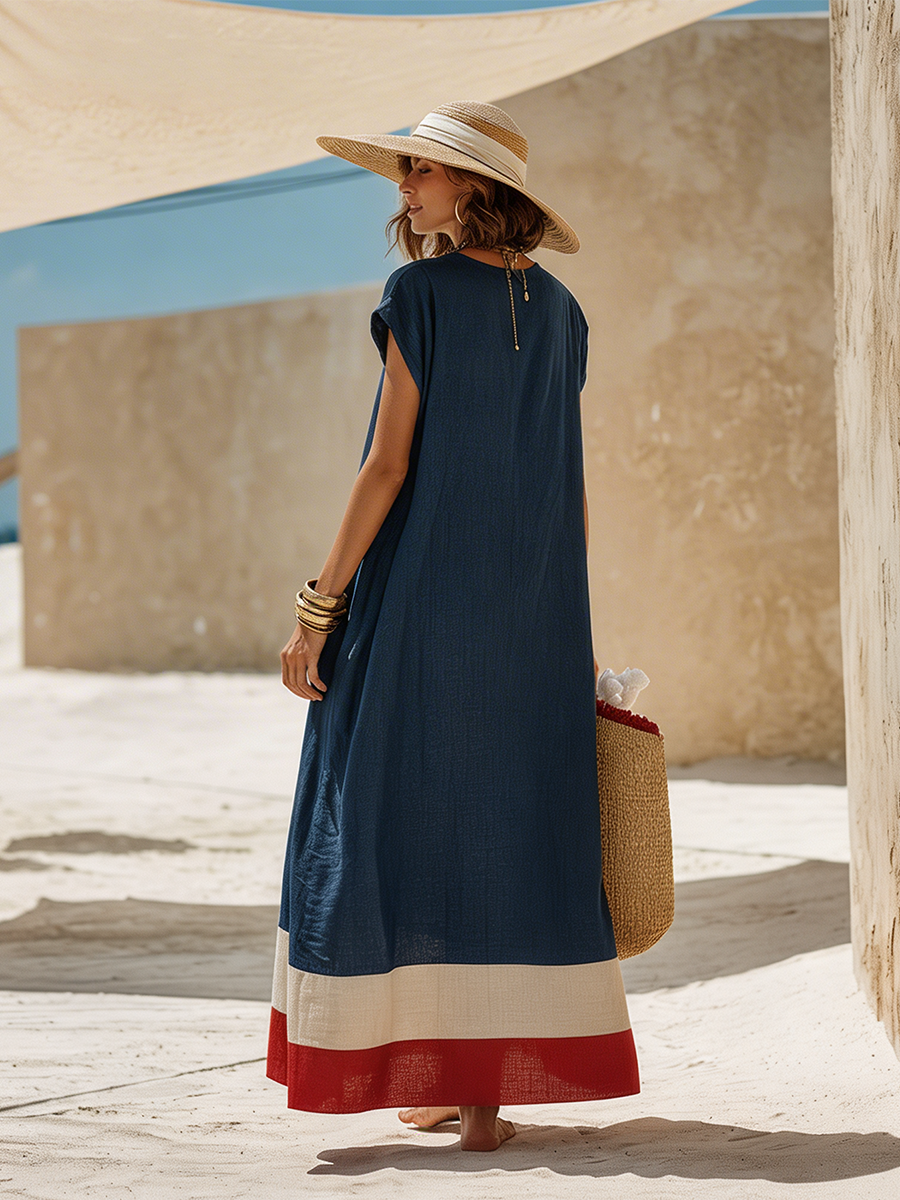 Minimalist Vacation-Style Red And White Hem Navy Blue Cotton-Linen Maxi Dress